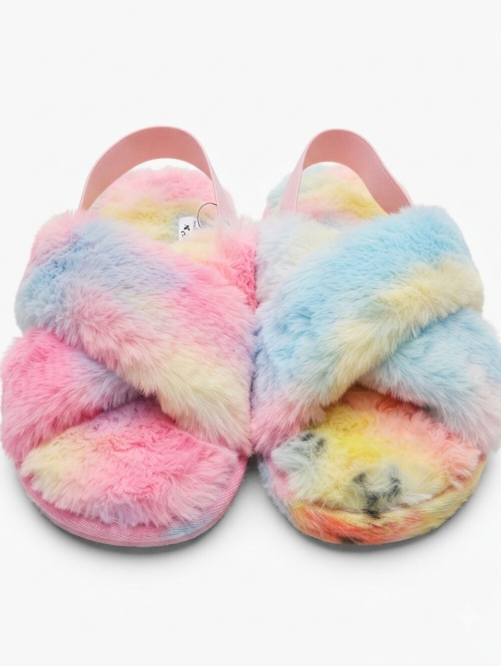 NWT Tie Dye Faux Fur Rainbow Slippers - W8 M6 - magically plush